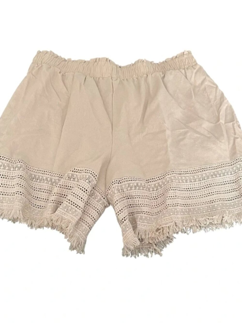 Womens 2XL Boho Linen Blend Shorts Beige Crochet Lace Trim Fringe Elastic Waist